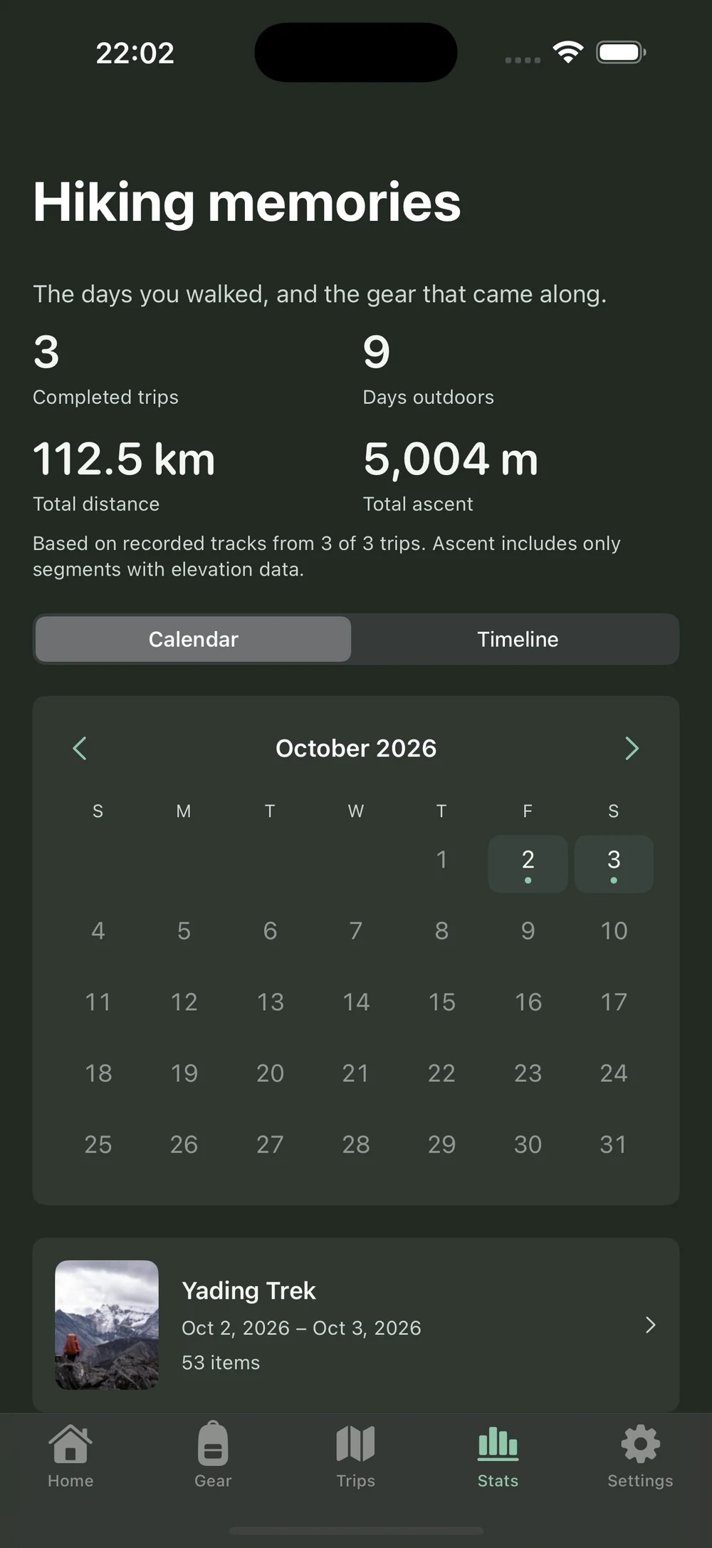 HikerKit 2.0 English interface — Dark app: Calendar