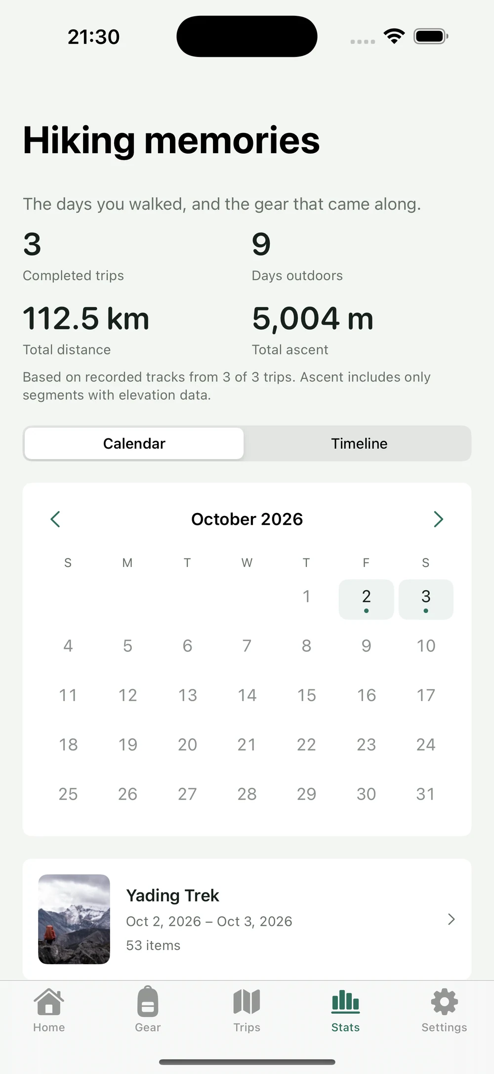HikerKit 2.0 English interface — Calendar: October 2026
