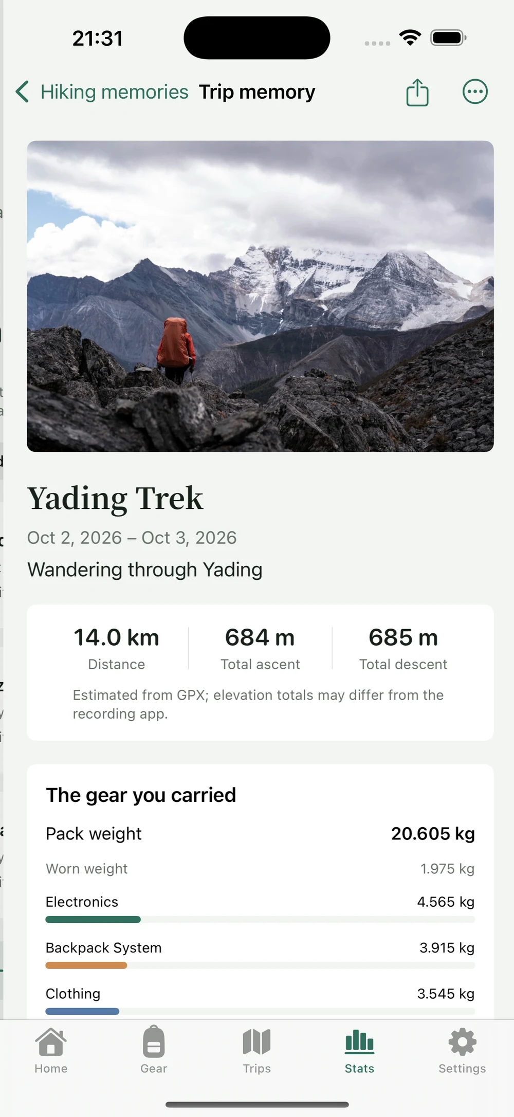 HikerKit 2.0 English interface — Trip memory opened from Hiking memories