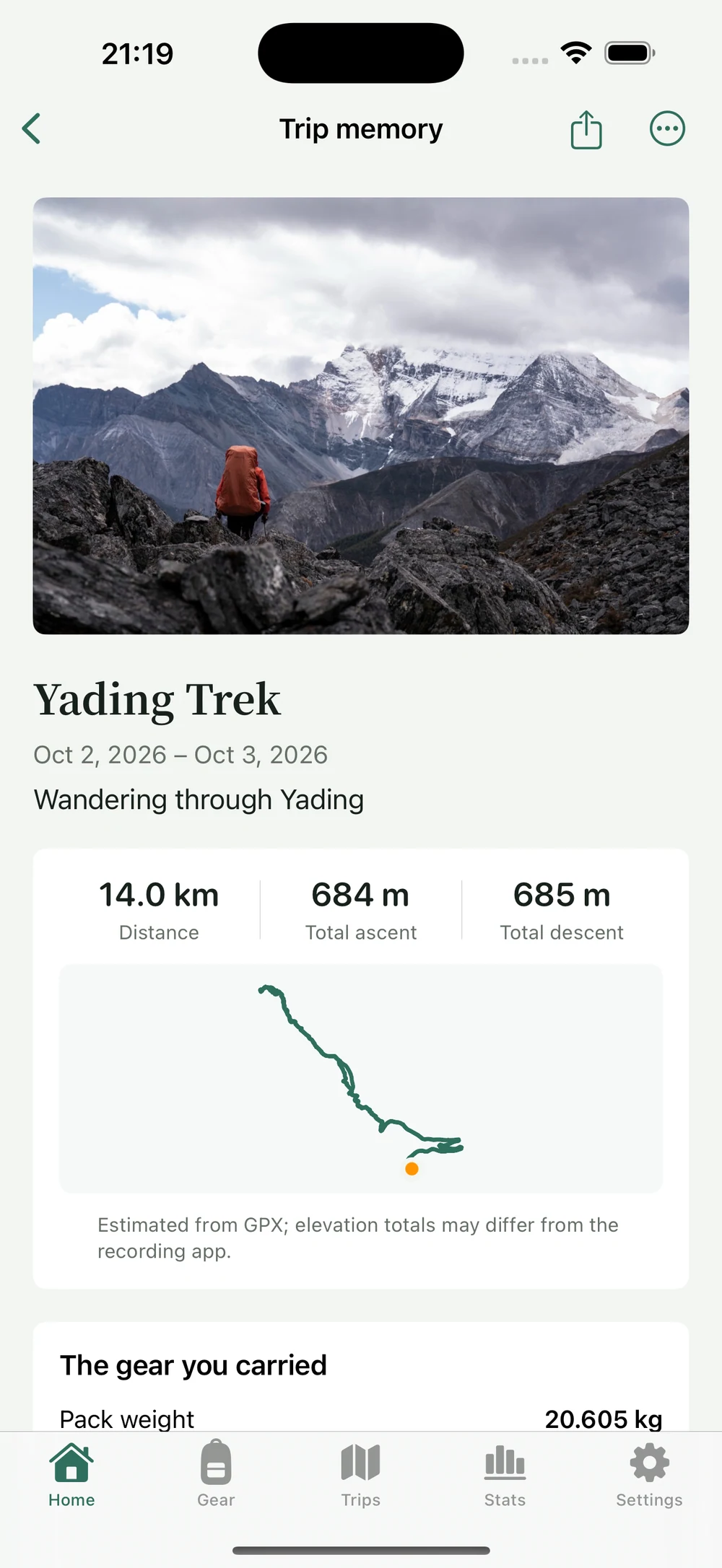 HikerKit 2.0 English interface — Completed Yading Trek memory