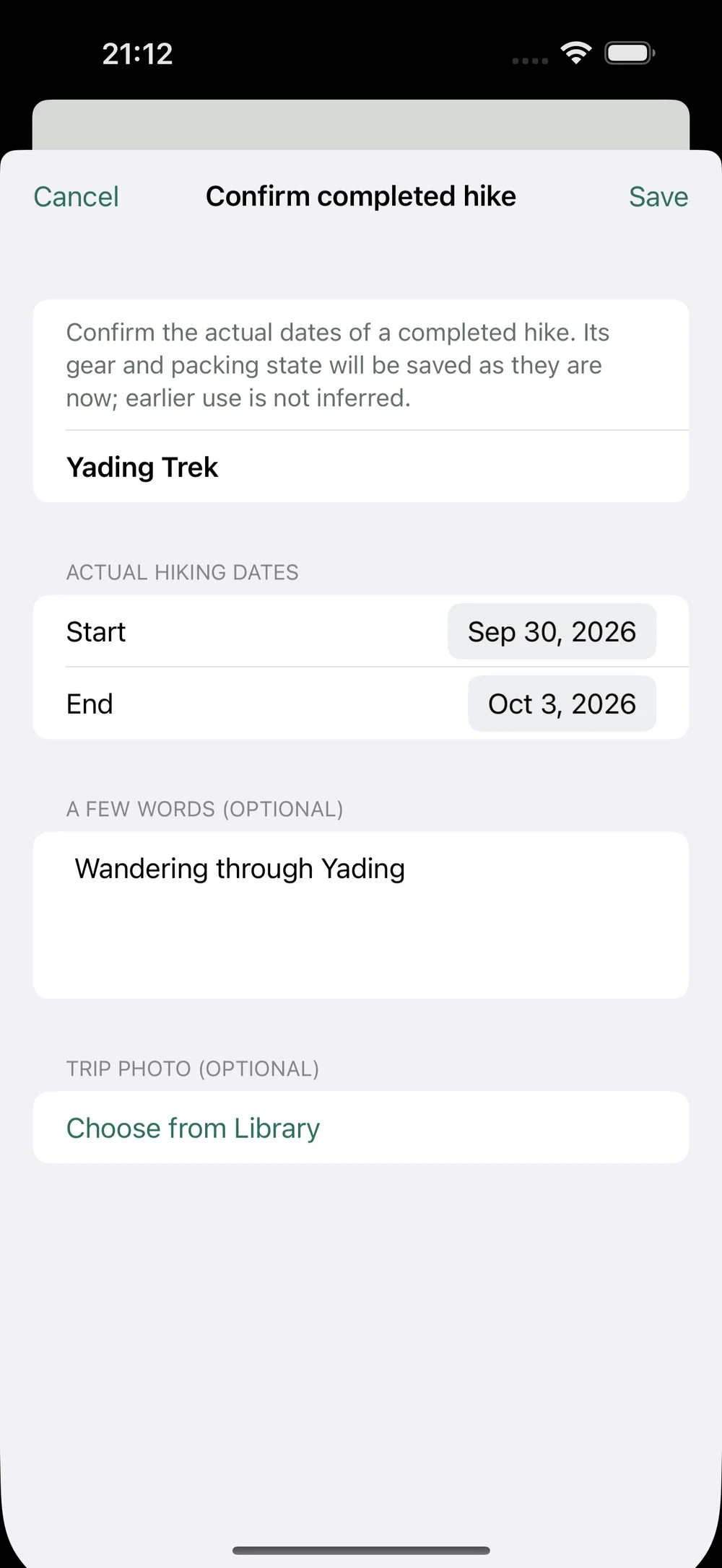 HikerKit 2.0 English interface — Confirm completed hike: Choose from Library