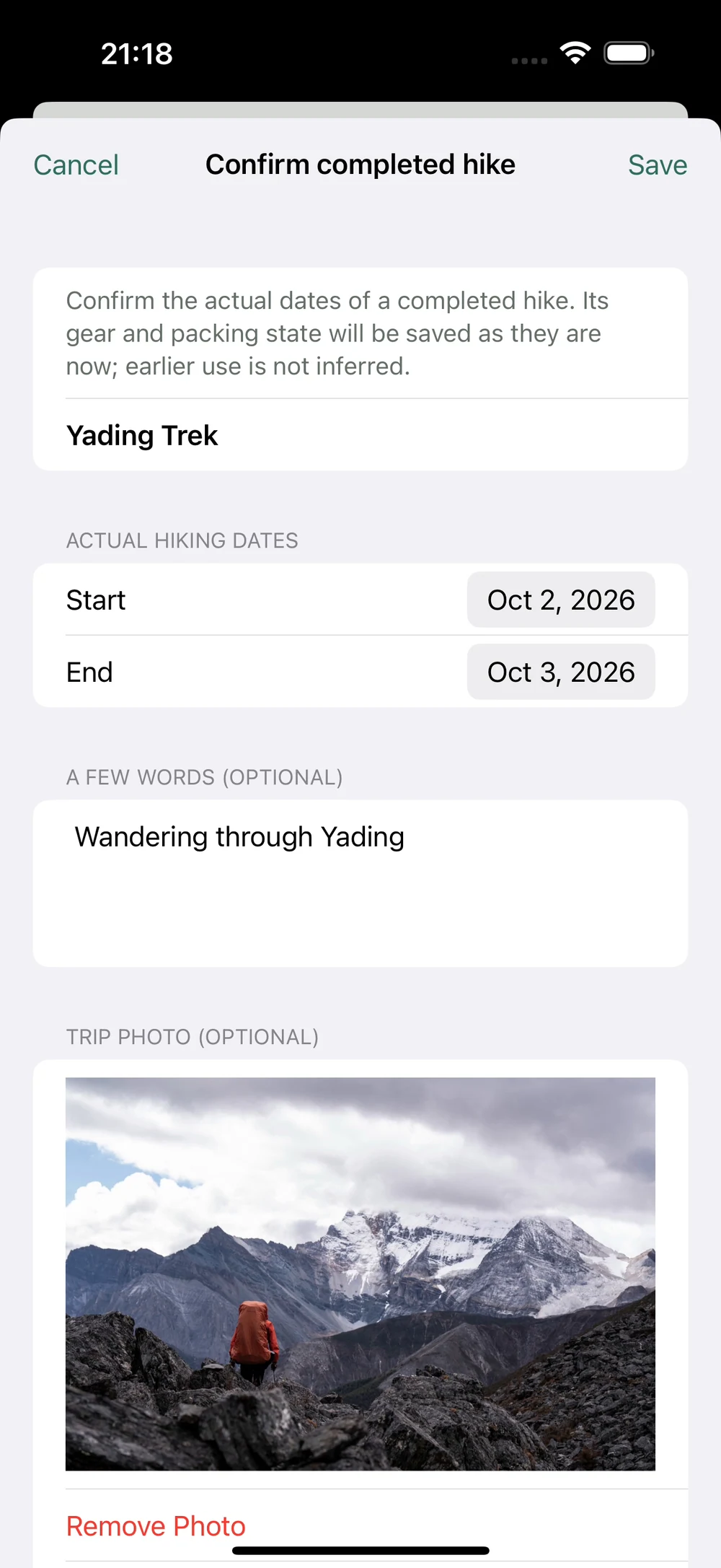 HikerKit 2.0 English interface — Completion form: October 2–3 and selected photo
