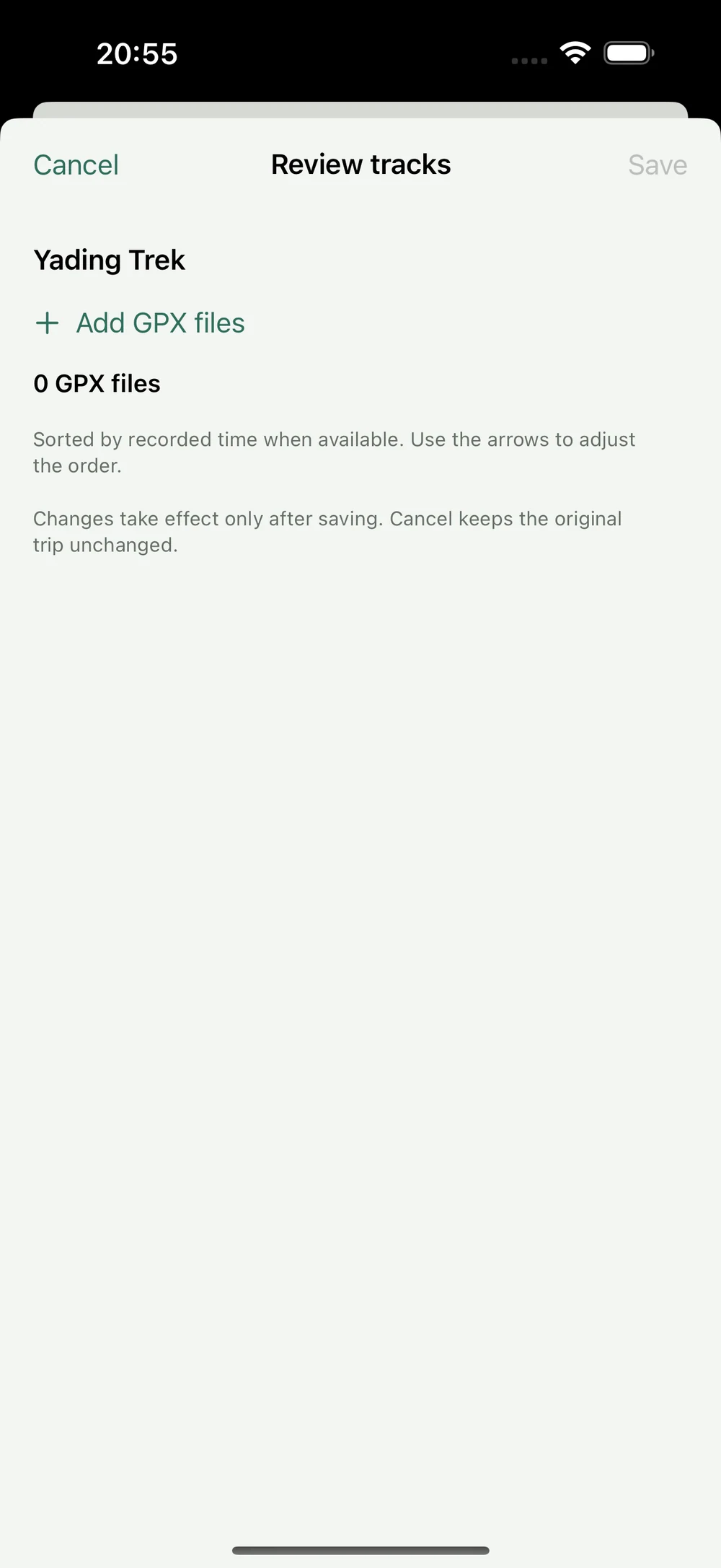 HikerKit 2.0 English interface — Review tracks: 0 GPX files