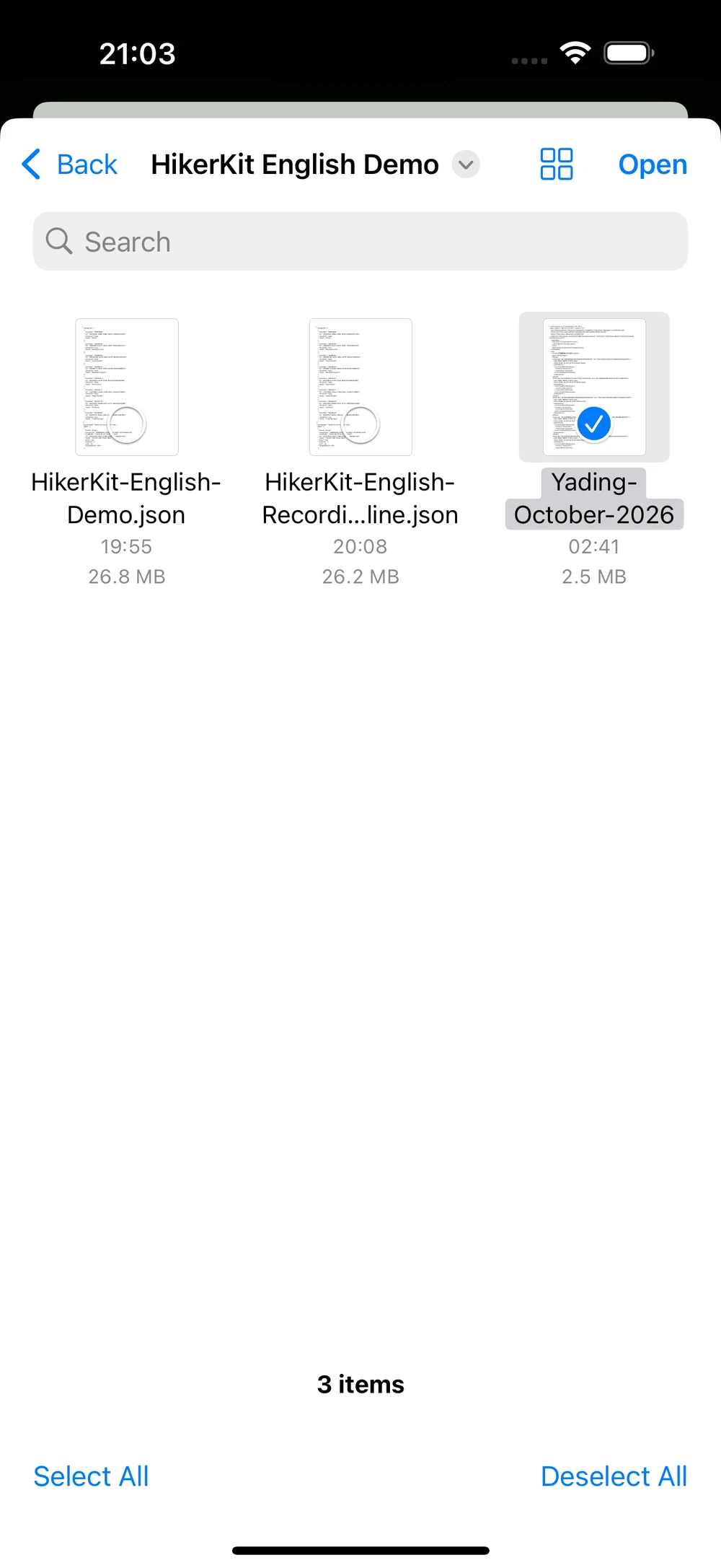 HikerKit 2.0 English interface — Select the GPX file, then Open