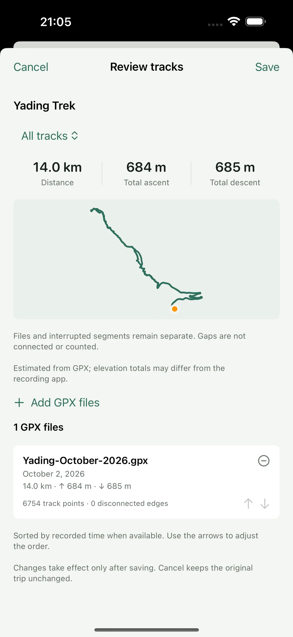 HikerKit 2.0 English interface — Yading-October-2026.gpx: parsed track