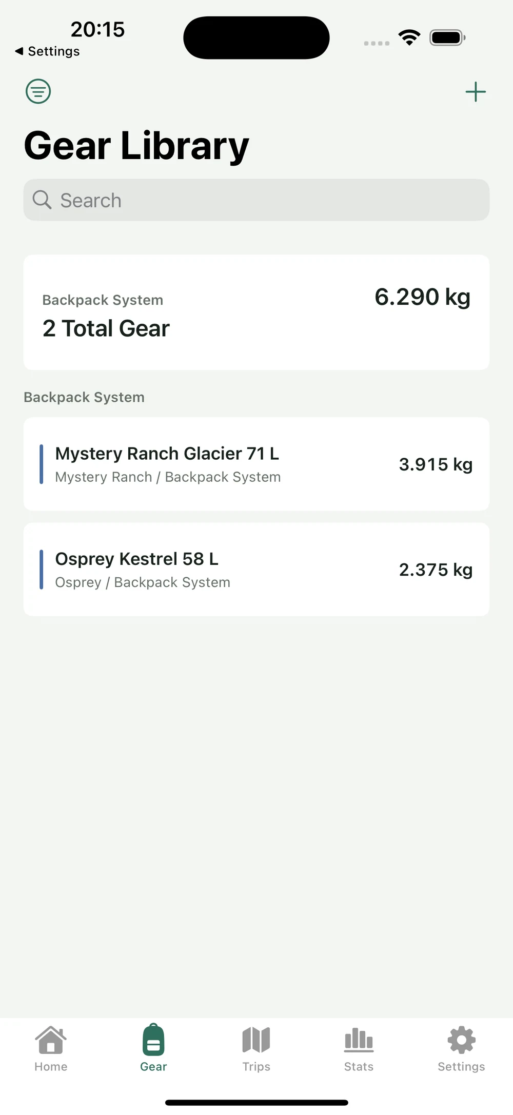 HikerKit 2.0 English interface — Backpack System filter