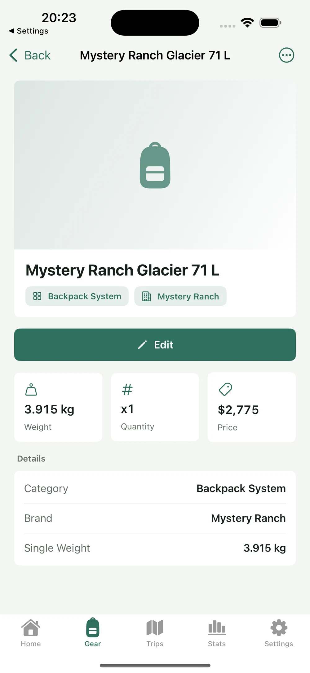 HikerKit 2.0 English interface — Mystery Ranch Glacier 71 L details