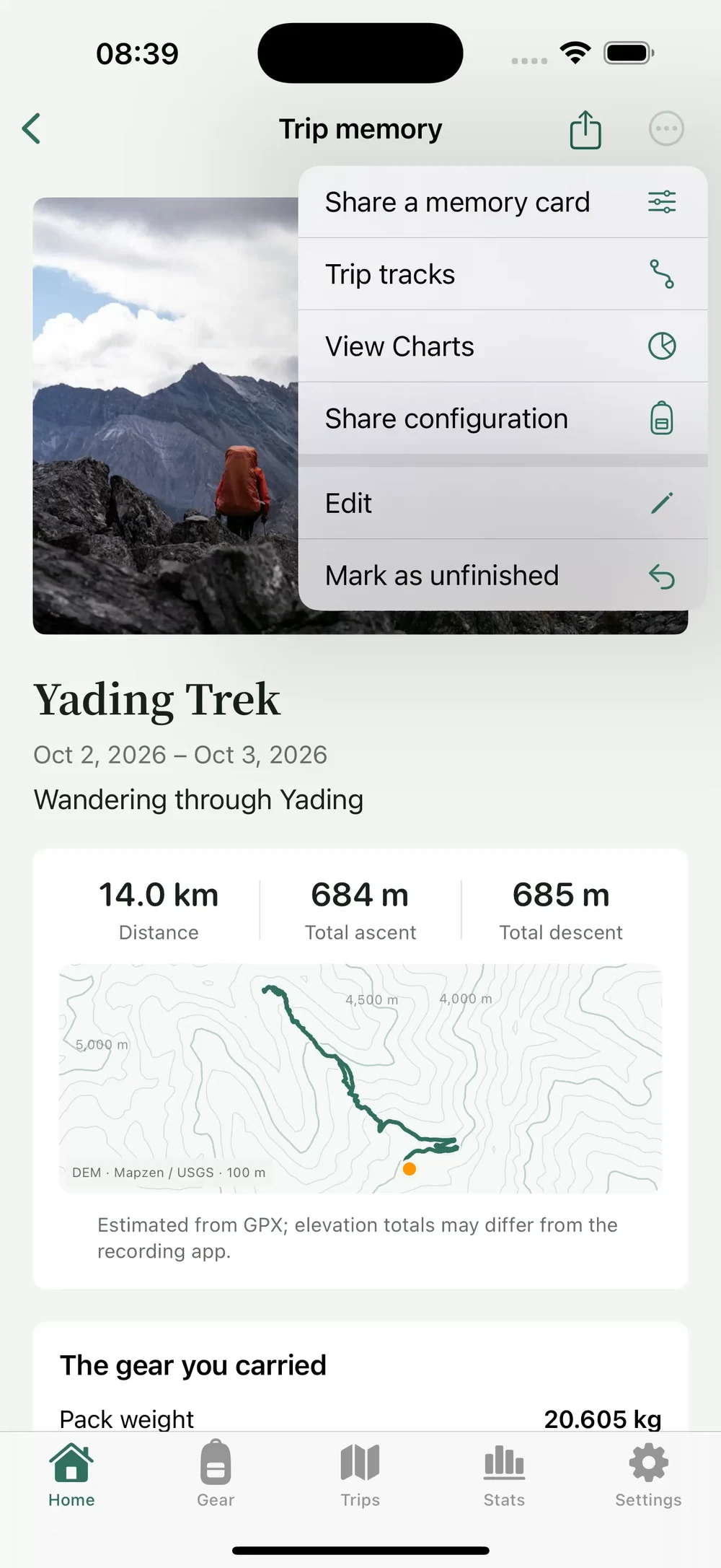 HikerKit 2.0 English interface — Trip memory: Share a memory card / Share configuration
