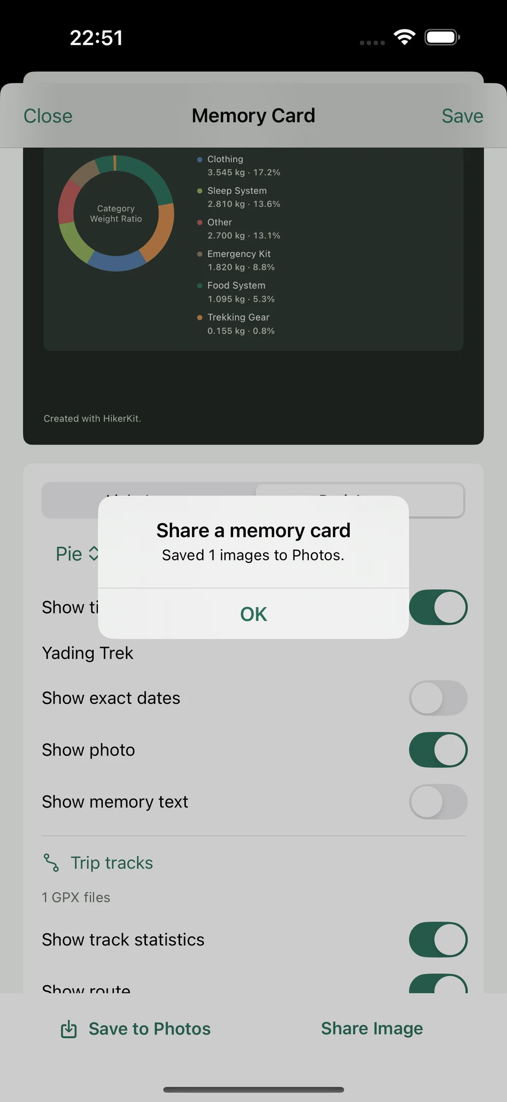 HikerKit 2.0 English interface — Dark contour memory card: saved to Photos