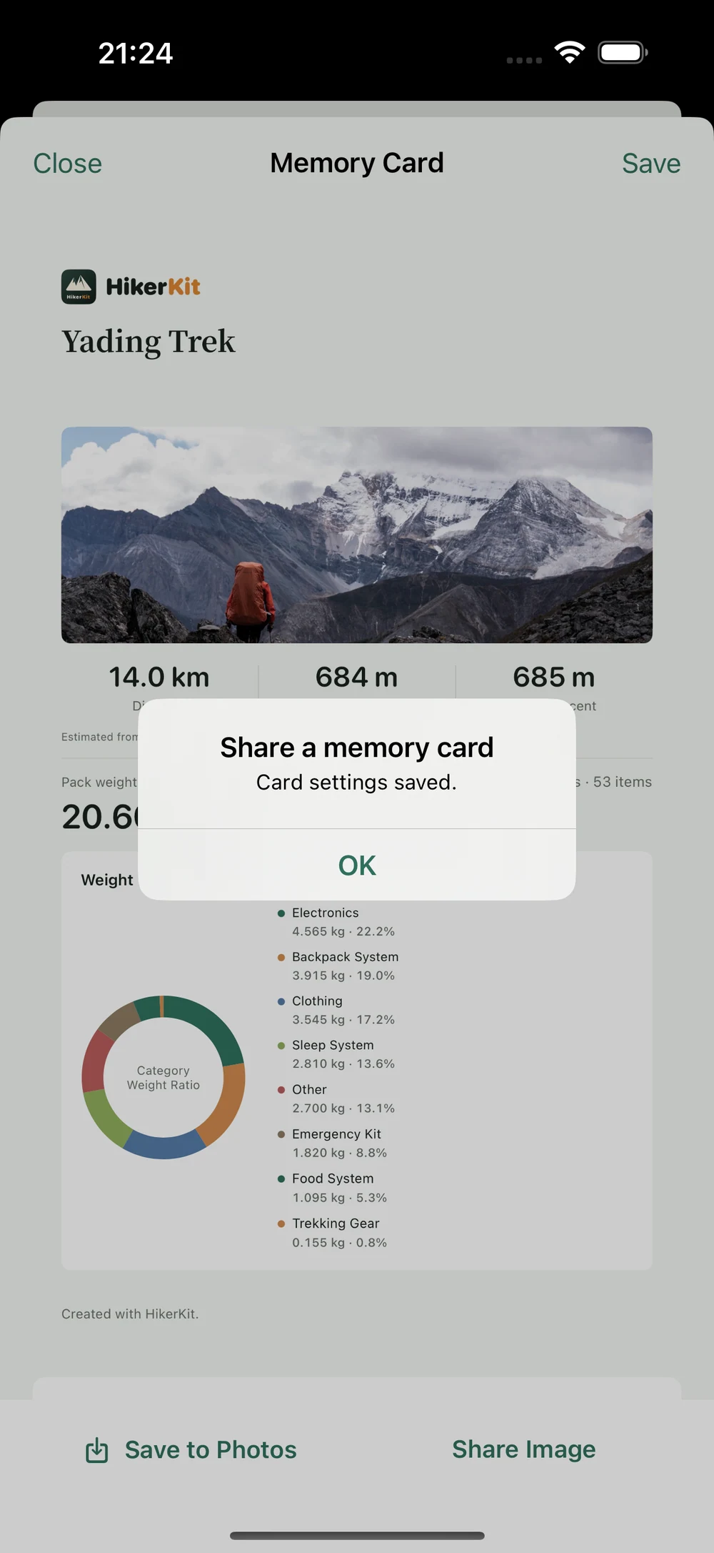 HikerKit 2.0 English interface — Card settings saved