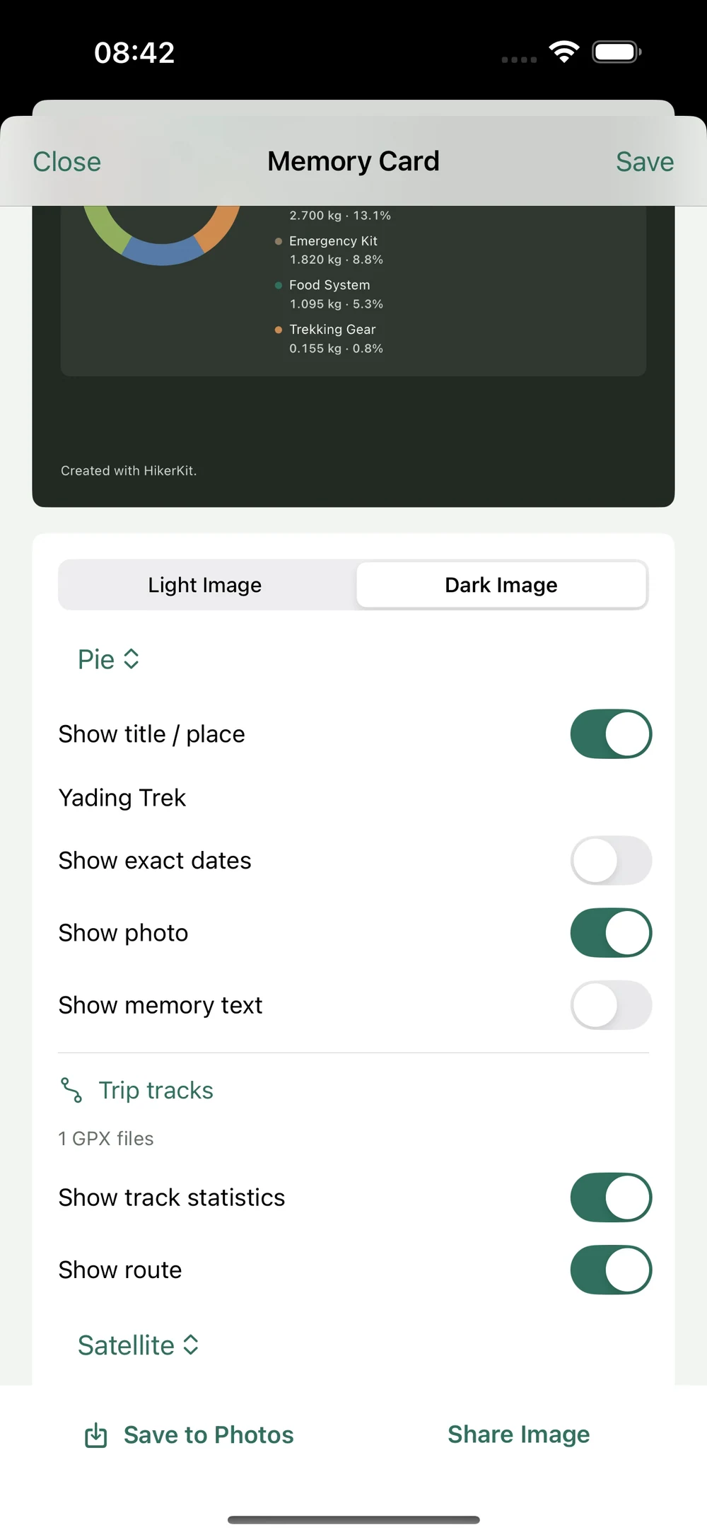 HikerKit 2.0 English interface — Memory Card: Show route enabled