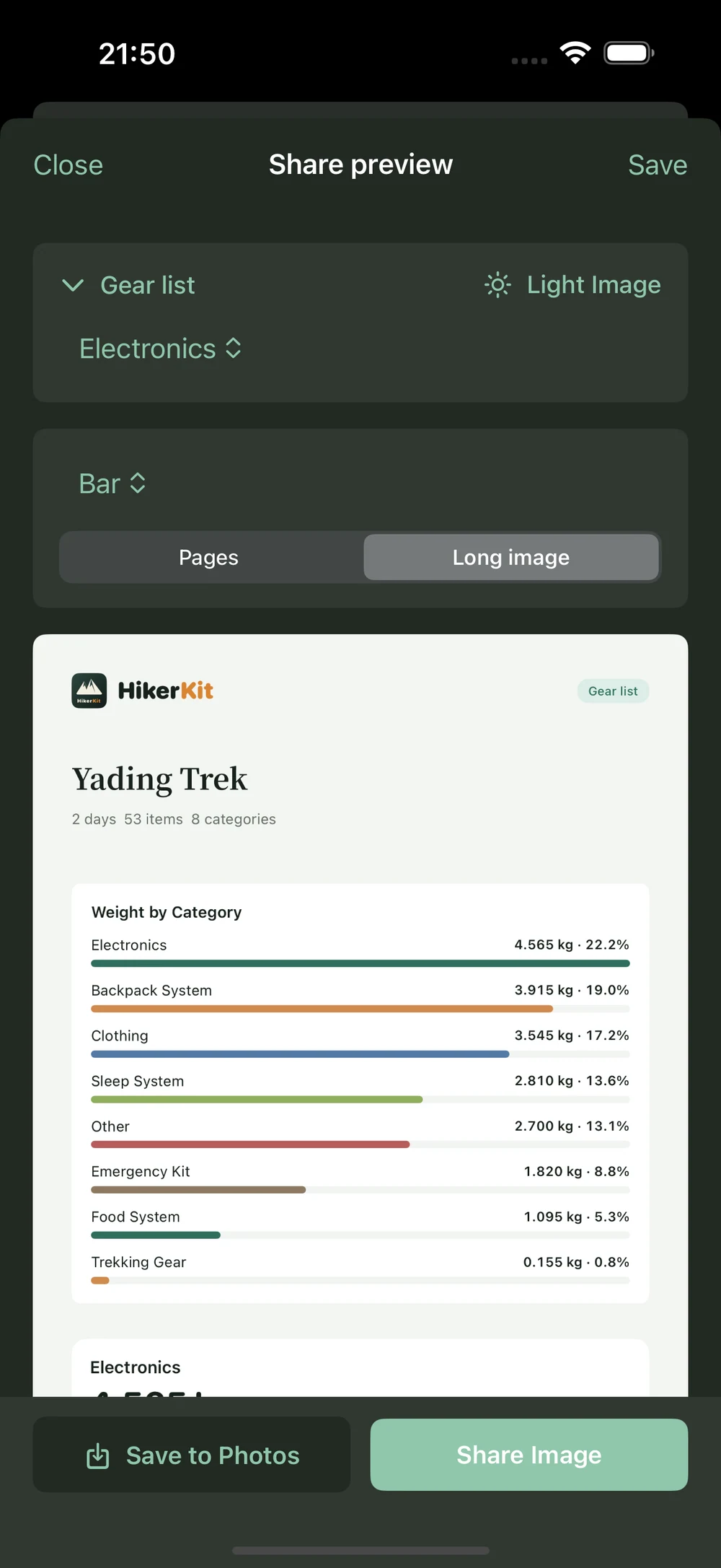 HikerKit 2.0 English interface — Dark app: light image, Bar, Long image