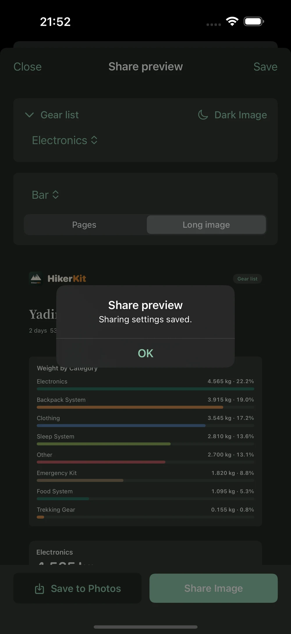 HikerKit 2.0 English interface — Sharing settings saved