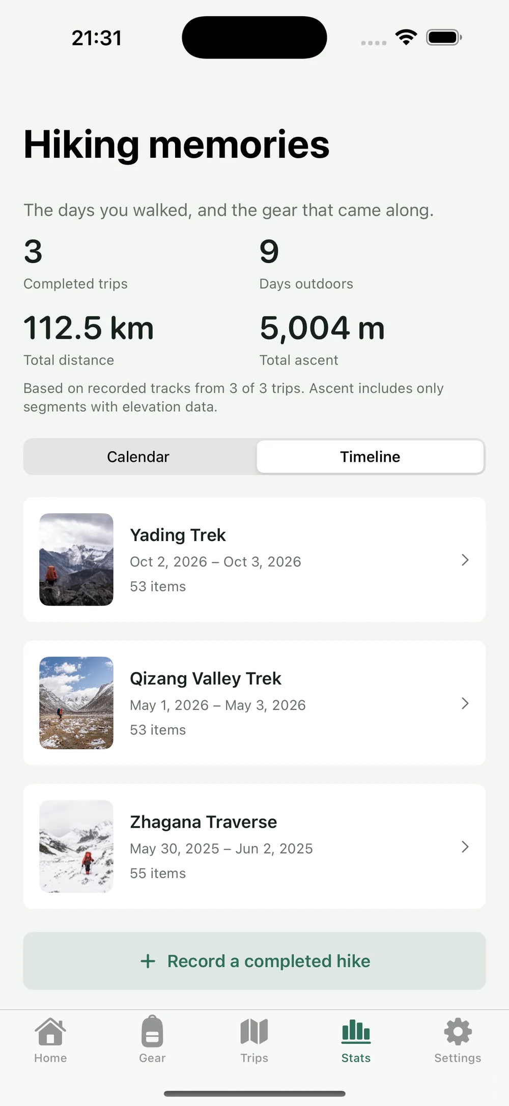 HikerKit 2.0 English interface — Timeline: completed trips