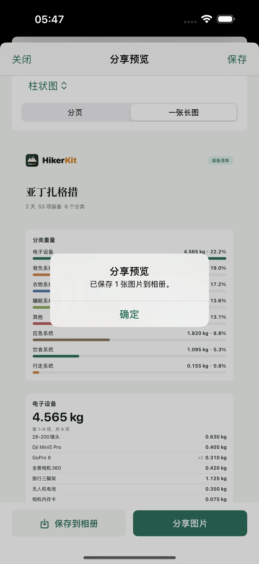 HikerKit 独立保存分享设置与实际图片保存或分享结果 — 相册 已保存1张